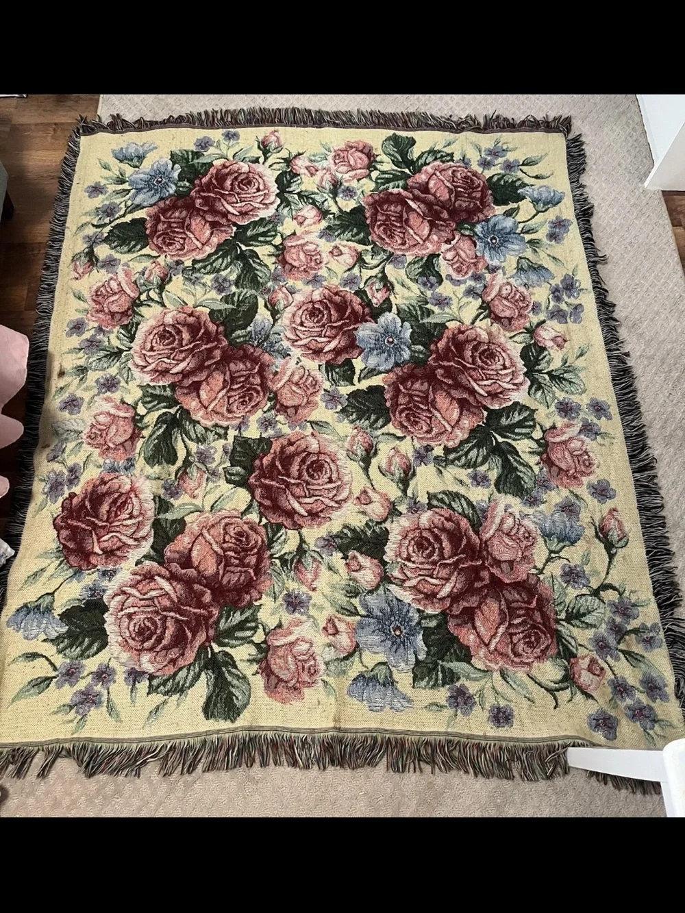 Floral Rose Throw Blanket in Blush Pink and Cream. Cottage. Prairie. Whimsy.